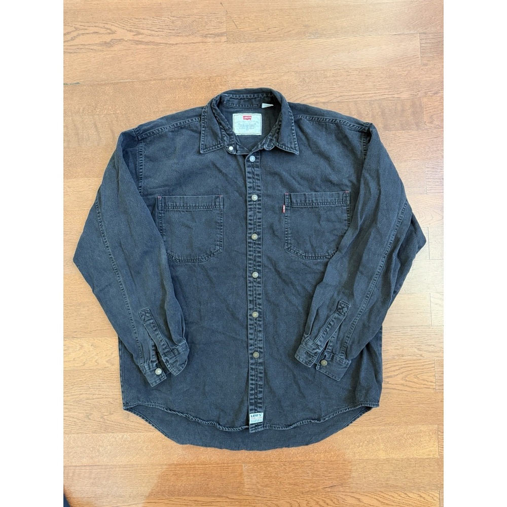 Vintage Levis Red Tab Mens L Faded Black Distressed Denim Work Shirt